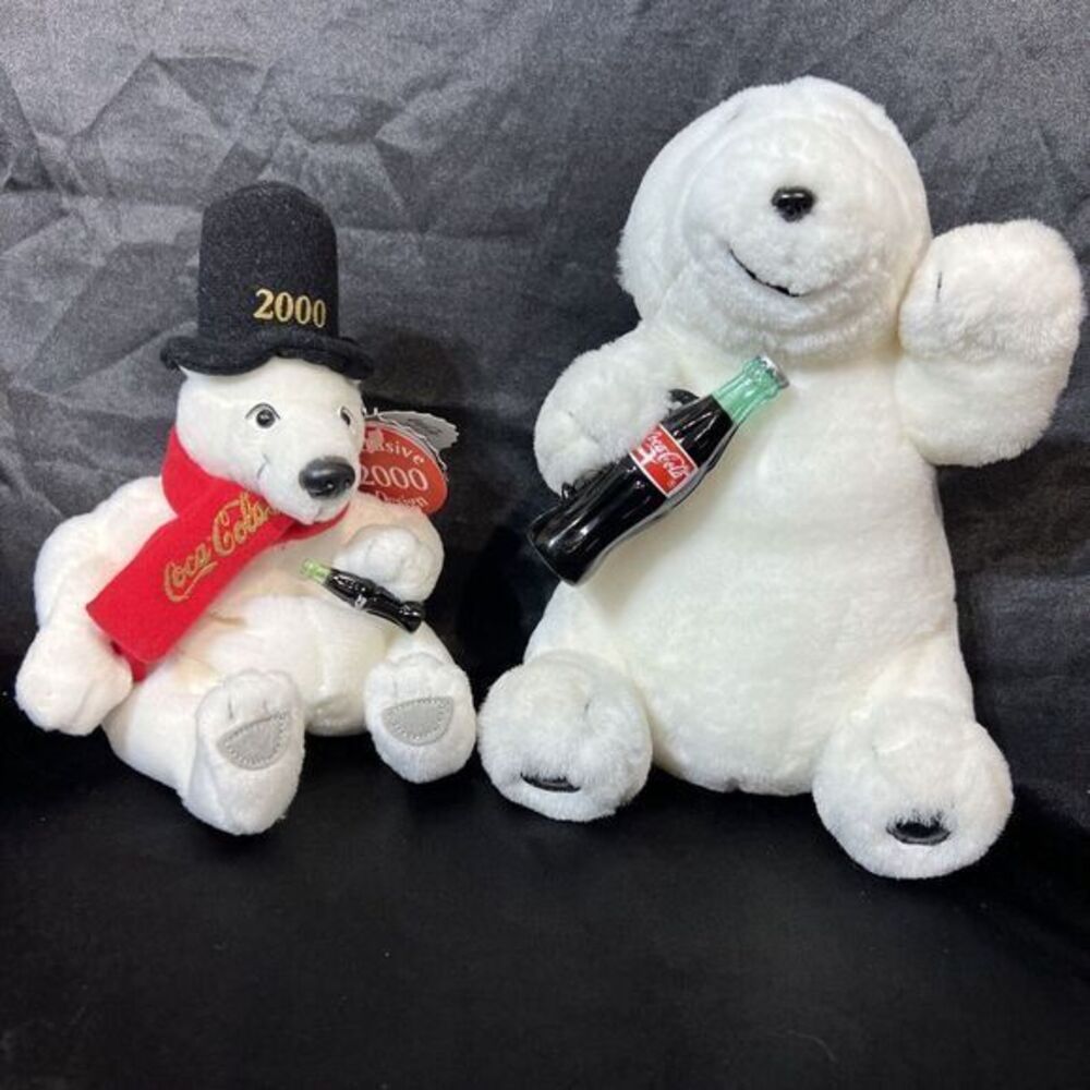 coca cola. vintage BRAND Plush Polar Bears with scarf both holding bottles